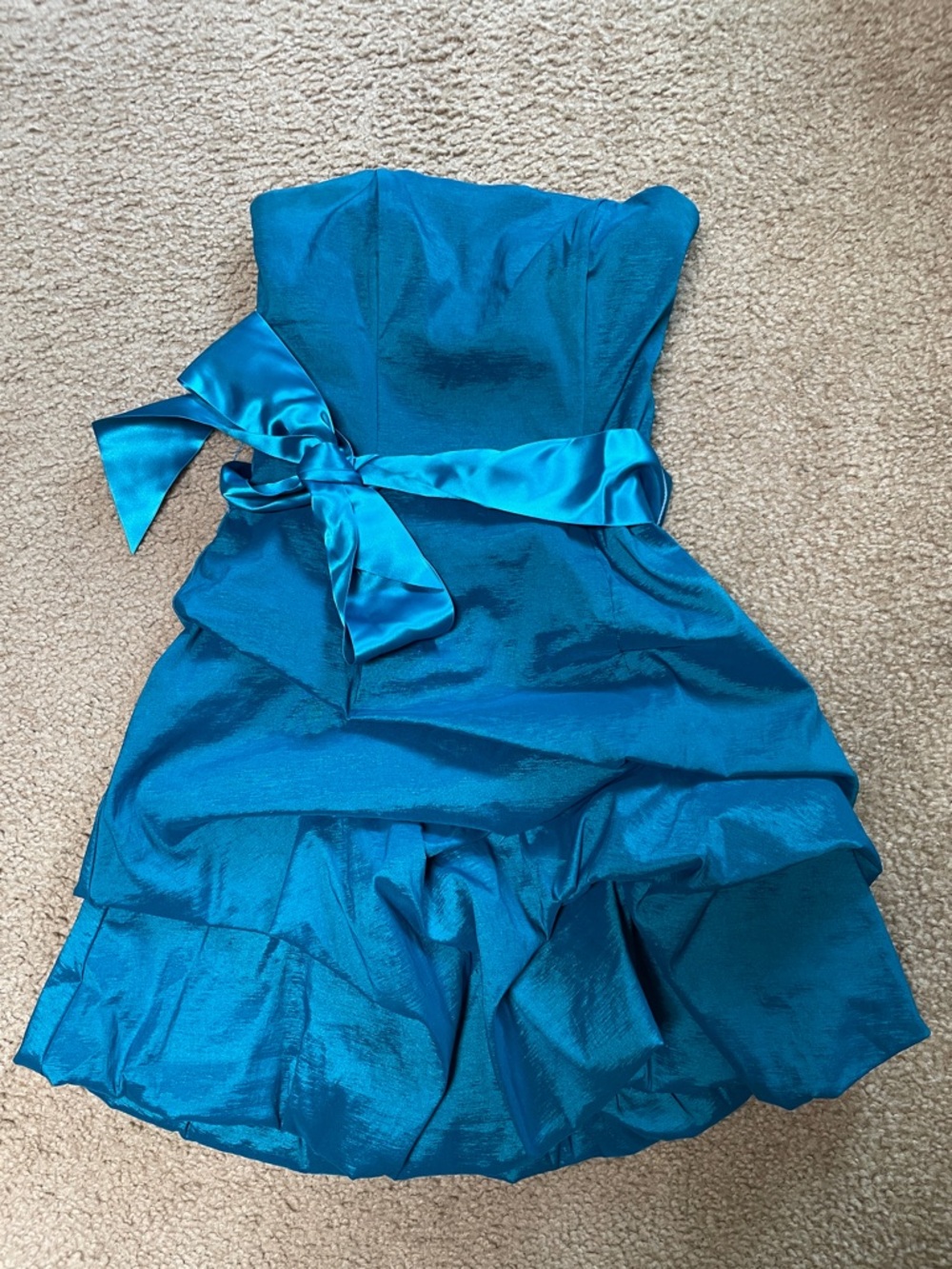 Jessica McClintock Strapless Teal Satin Cocktail Dress with Waist Bow